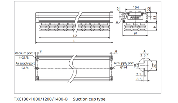 Dimensions Vacuum Gripper-Vacuum Generator Standard Type TXC130×1000/1200/1400-B Suction Cup Type